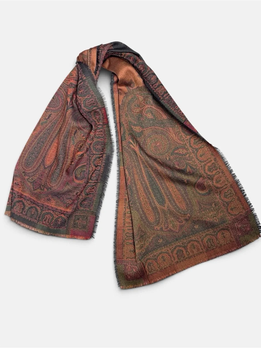Bohemian Paisley Pashmina Scarf Reversible Earth-tone Brown and Black Wool (?)